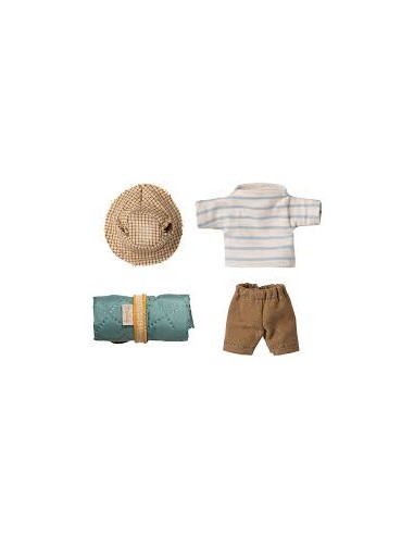 Souris de Randonnée Grand Frère – Maileg | Tenue Rayée Bleue & Sac à Dos