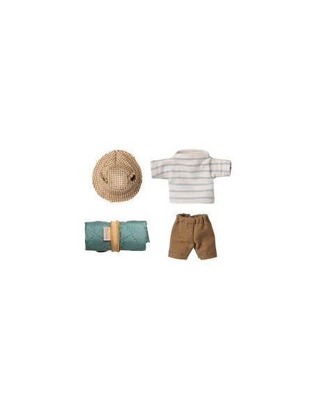Souris de Randonnée Grand Frère – Maileg | Tenue Rayée Bleue & Sac à Dos