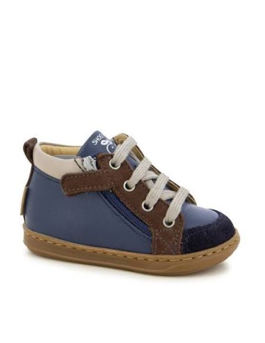 Basket premiers pas Bouba Bi Zip Navy Camel Shoo Pom | Chaussure bébé cuir