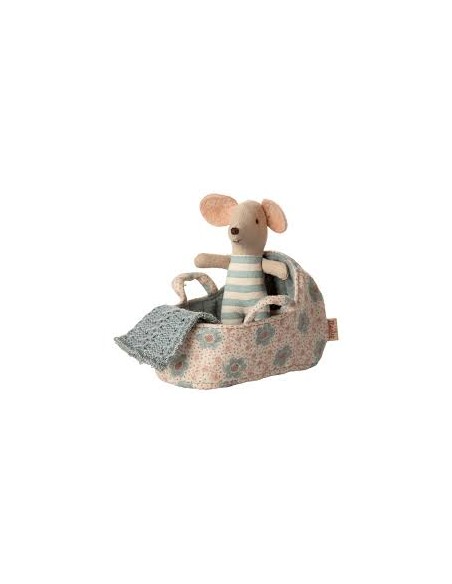 Bébé souris Maileg en couffin | Souris bébé avec combinaison tricotée